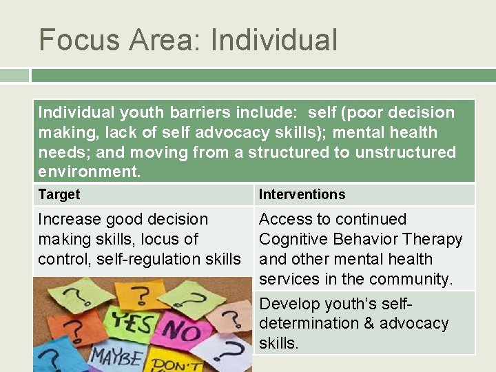 Focus Area: Individual youth barriers include: self (poor decision making, lack of self advocacy