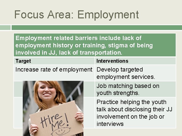 Focus Area: Employment related barriers include lack of employment history or training, stigma of