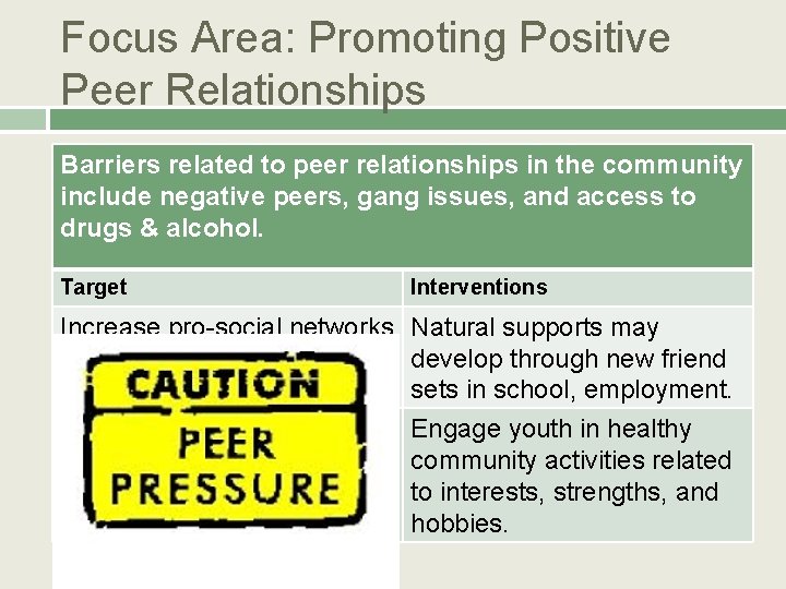 Focus Area: Promoting Positive Peer Relationships Barriers related to peer relationships in the community Focus Area: Promoting Positive Peer Relationships Barriers related to peer relationships in the community