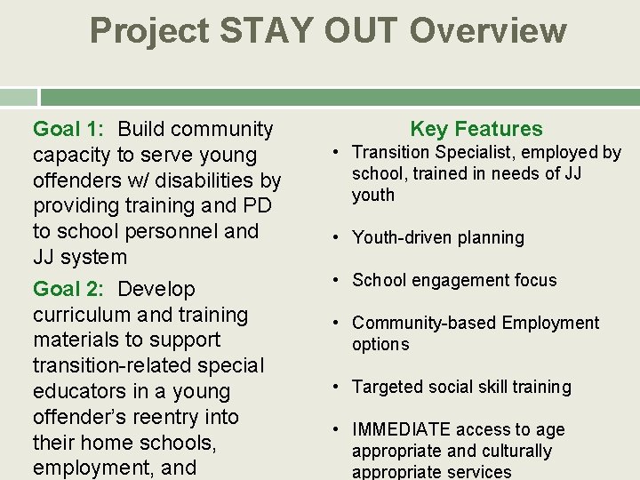 Project STAY OUT Overview Goal 1: Build community capacity to serve young offenders w/ Project STAY OUT Overview Goal 1: Build community capacity to serve young offenders w/