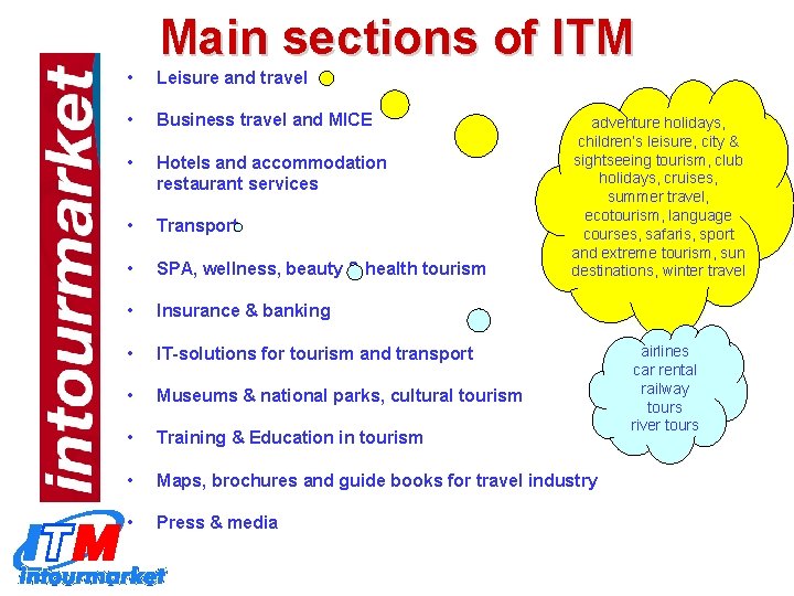 Main sections of ITM • Leisure and travel • Business travel and MICE •