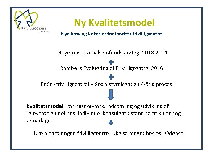 Ny Kvalitetsmodel Nye krav og kriterier for landets frivilligcentre Regeringens Civilsamfundsstrategi 2018 -2021 Rambølls Ny Kvalitetsmodel Nye krav og kriterier for landets frivilligcentre Regeringens Civilsamfundsstrategi 2018 -2021 Rambølls