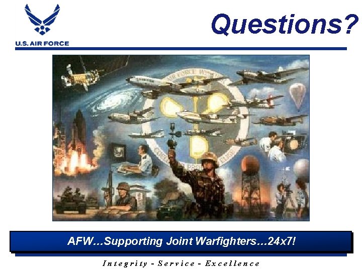 Questions? AFW…Supporting Joint Warfighters… 24 x 7! Integrity - Service - Excellence 