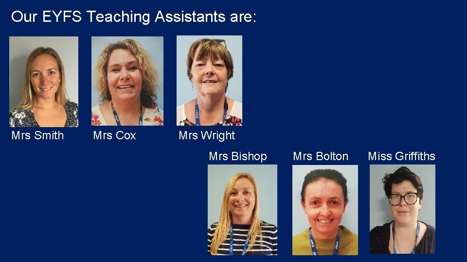 Our EYFS Teaching Assistants are: Mrs Smith Mrs Cox Mrs Wright Mrs Bishop Mrs