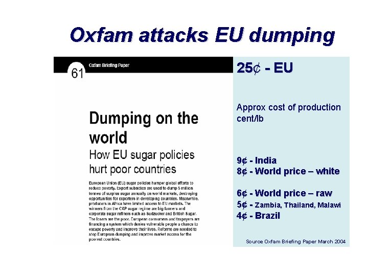 Oxfam attacks EU dumping 25¢ - EU Approx cost of production cent/lb 9¢ -