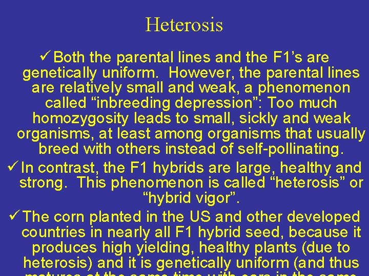 Heterosis ü Both the parental lines and the F 1’s are genetically uniform. However, Heterosis ü Both the parental lines and the F 1’s are genetically uniform. However,
