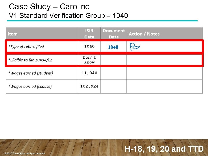 Case Study – Caroline V 1 Standard Verification Group – 1040 © 2017 Cheryl