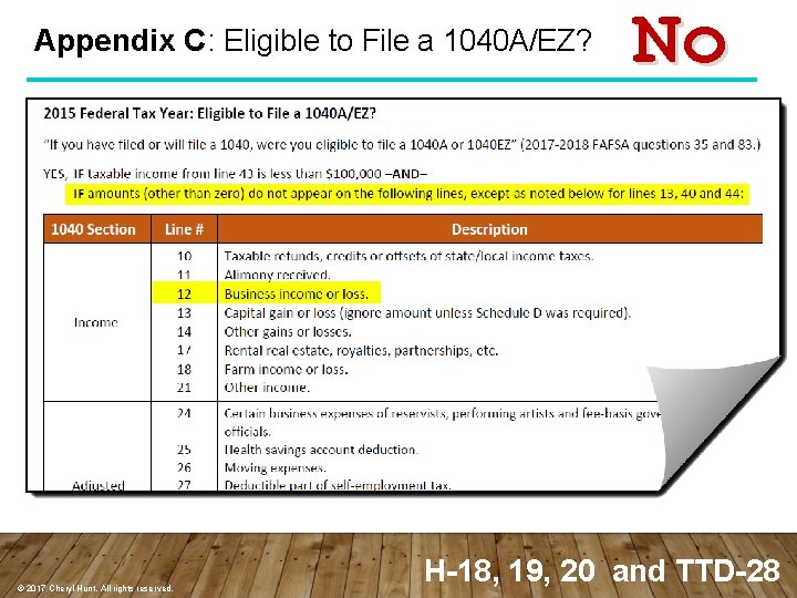 Appendix C: Eligible to File a 1040 A/EZ? © 2017 Cheryl Hunt. All rights