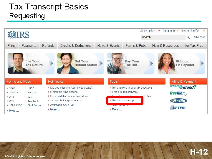 Tax Transcript Basics Requesting © 2017 Cheryl Hunt. All rights reserved. H-12 