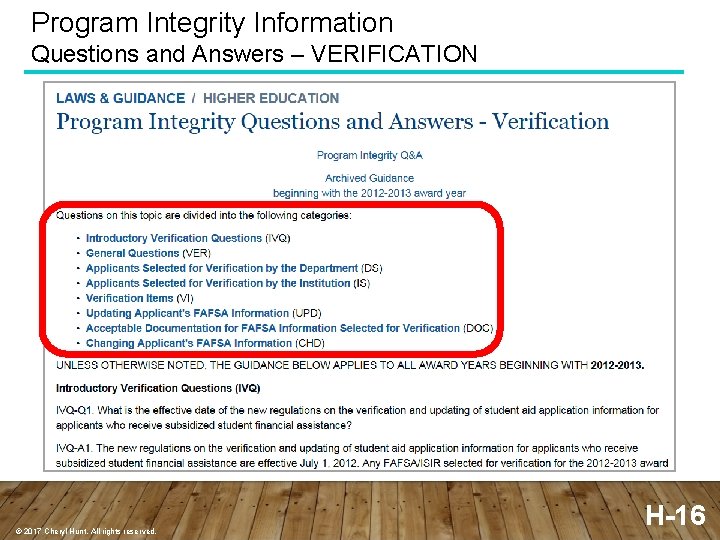 Program Integrity Information Questions and Answers – VERIFICATION © 2017 Cheryl Hunt. All rights