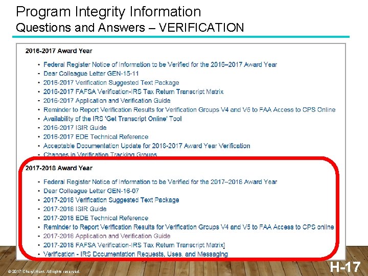 Program Integrity Information Questions and Answers – VERIFICATION © 2017 Cheryl Hunt. All rights