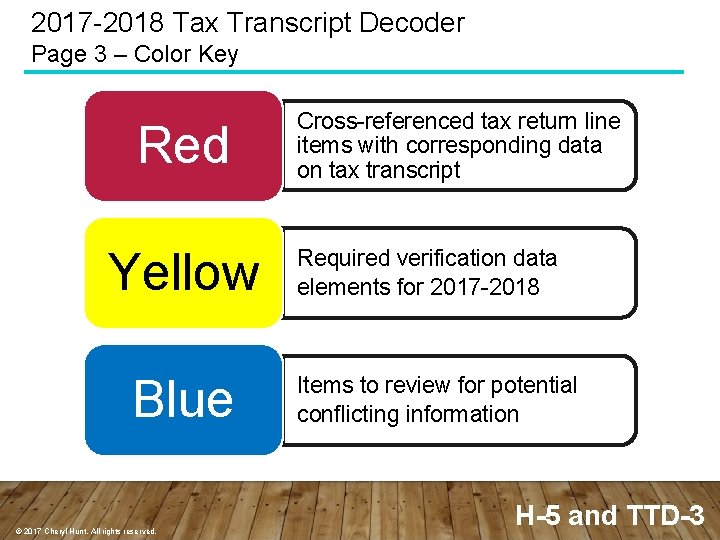 2017 -2018 Tax Transcript Decoder Page 3 – Color Key Red Yellow Blue ©