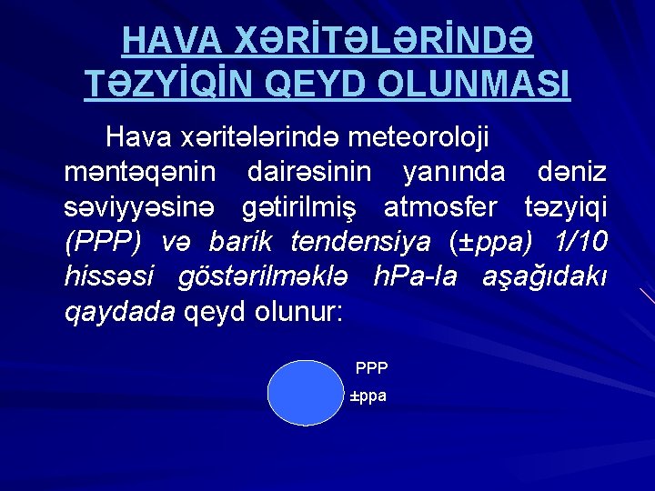 HAVA XƏRİTƏLƏRİNDƏ TƏZYİQİN QEYD OLUNMASI Hava xəritələrində meteoroloji məntəqənin dairəsinin yanında dəniz səviyyəsinə gətirilmiş