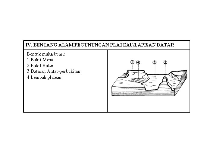 IV. BENTANG ALAM PEGUNUNGAN PLATEAU/LAPISAN DATAR Bentuk muka bumi: 1. Bukit Mesa 2. Bukit IV. BENTANG ALAM PEGUNUNGAN PLATEAU/LAPISAN DATAR Bentuk muka bumi: 1. Bukit Mesa 2. Bukit