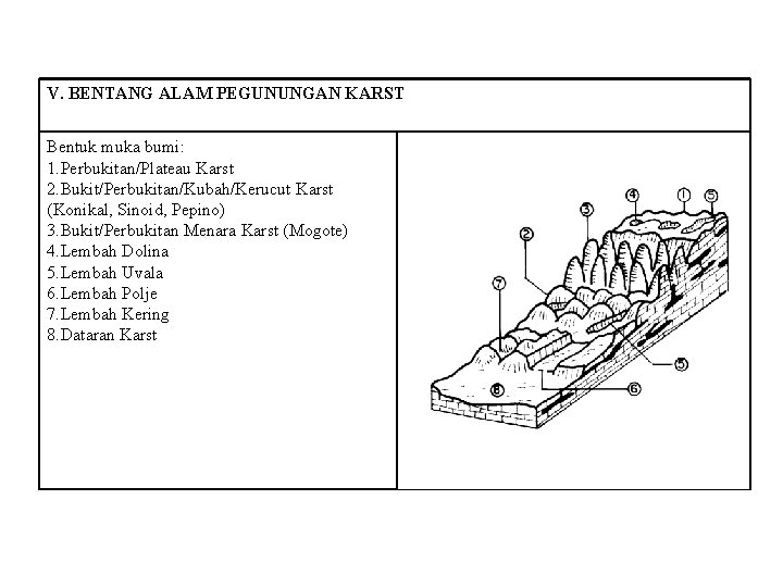 V. BENTANG ALAM PEGUNUNGAN KARST Bentuk muka bumi: 1. Perbukitan/Plateau Karst 2. Bukit/Perbukitan/Kubah/Kerucut Karst V. BENTANG ALAM PEGUNUNGAN KARST Bentuk muka bumi: 1. Perbukitan/Plateau Karst 2. Bukit/Perbukitan/Kubah/Kerucut Karst