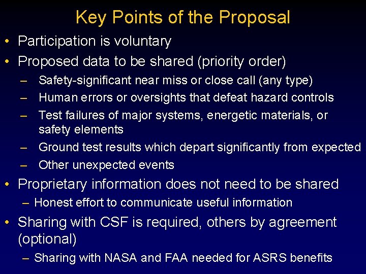 Key Points of the Proposal • Participation is voluntary • Proposed data to be