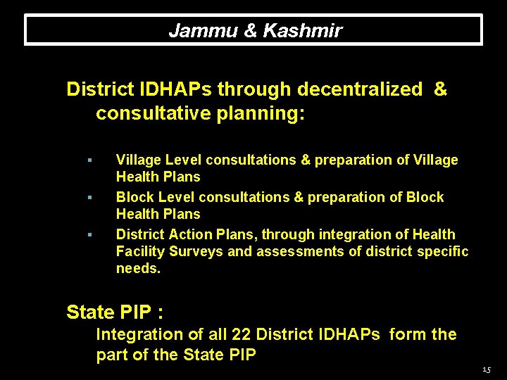 Jammu & Kashmir District IDHAPs through decentralized & consultative planning: Village Level consultations &
