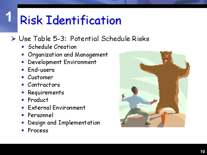 1 Risk Identification Ø Use Table 5 -3: Potential Schedule Risks § § §