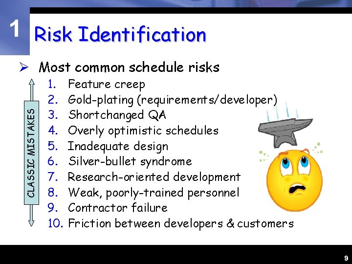 1 Risk Identification CLASSIC MISTAKES Ø Most common schedule risks 1. 2. 3. 4.