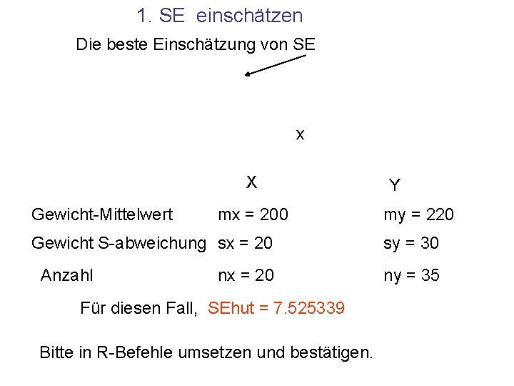 1. SE einschätzen Die beste Einschätzung von SE x X Gewicht-Mittelwert mx = 200