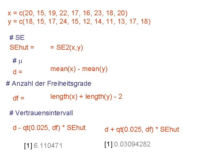 x = c(20, 15, 19, 22, 17, 16, 23, 18, 20) y = c(18,