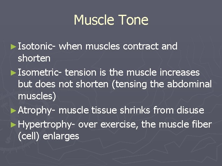 Muscle Tone ► Isotonic- when muscles contract and shorten ► Isometric- tension is the