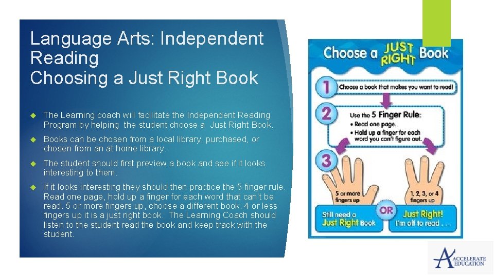 Language Arts: Independent Reading Choosing a Just Right Book The Learning coach will facilitate Language Arts: Independent Reading Choosing a Just Right Book The Learning coach will facilitate