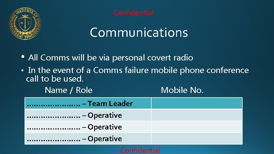 Confidential Communications • All Comms will be via personal covert radio • In the