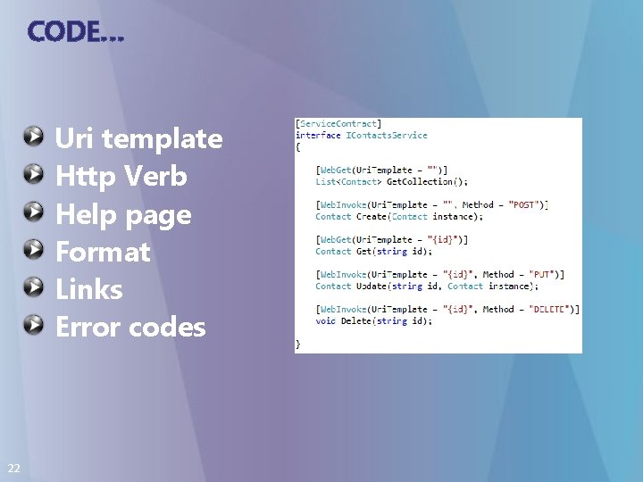 CODE… Uri template Http Verb Help page Format Links Error codes 22 