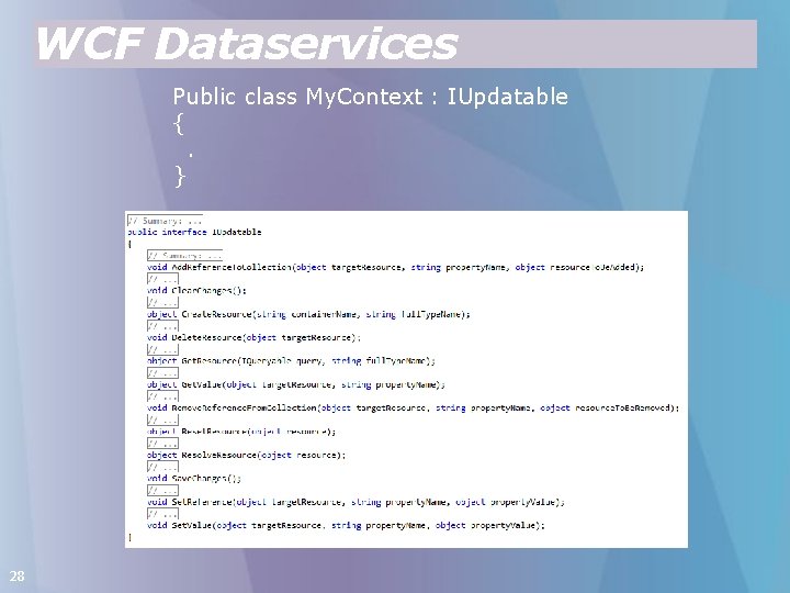 WCF Dataservices Public class My. Context : IUpdatable {. } 28 