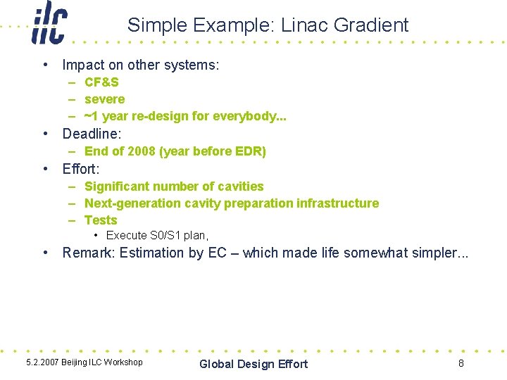 Simple Example: Linac Gradient • Impact on other systems: – CF&S – severe –