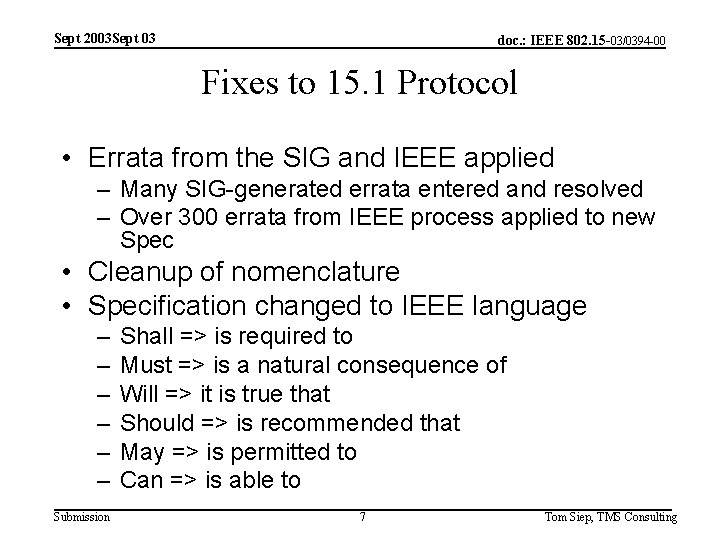 Sept 2003 Sept 03 doc. : IEEE 802. 15 -03/0394 -00 Fixes to 15.