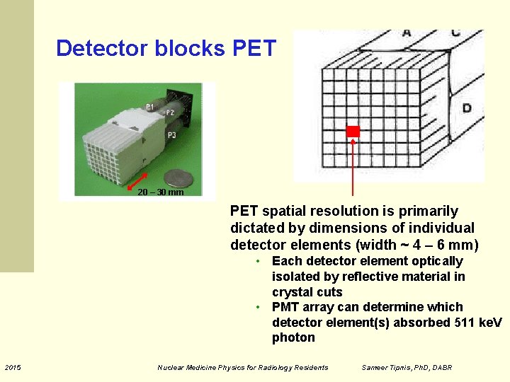 Detector blocks PET 20 – 30 mm PET spatial resolution is primarily dictated by