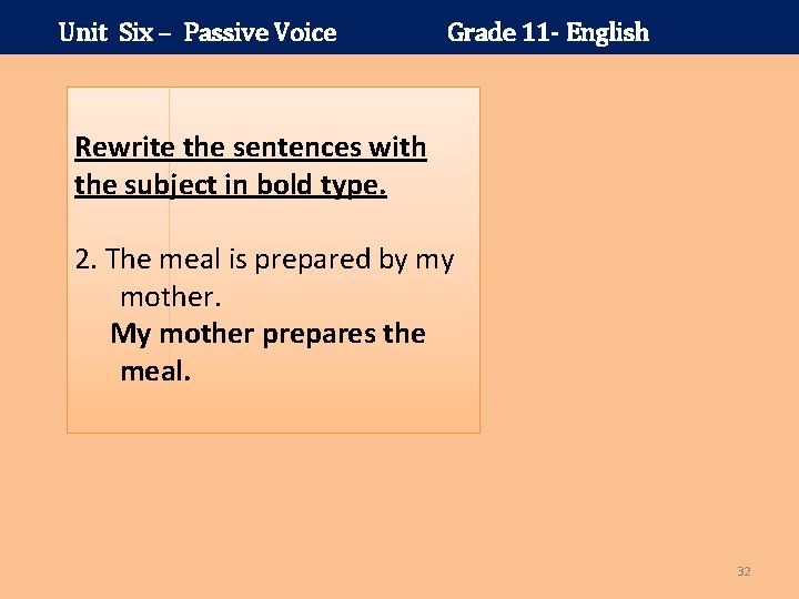 Unit Six – Passive Voice Grade 11 - English Rewrite the sentences with the