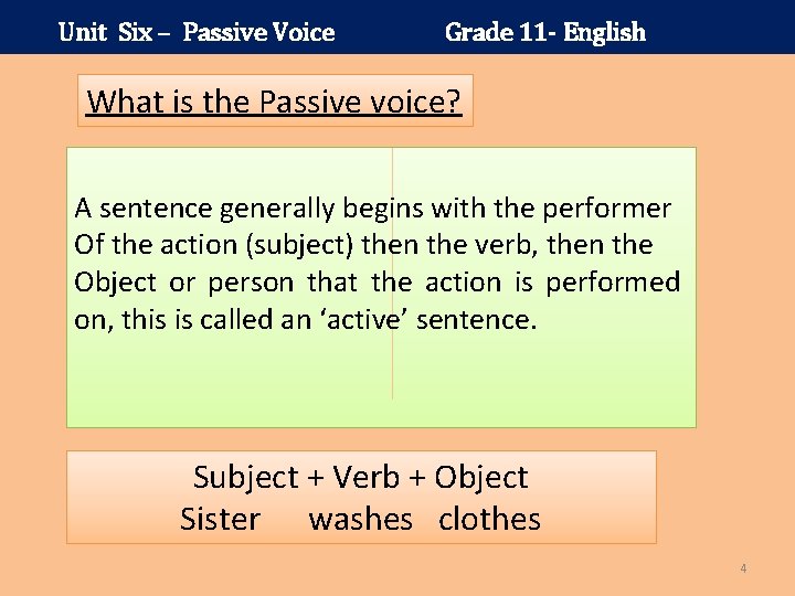 Unit Six – Passive Voice Grade 11 - English What is the Passive voice?
