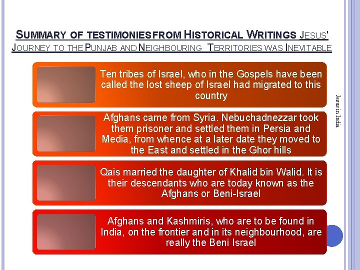 SUMMARY OF TESTIMONIES FROM HISTORICAL WRITINGS JESUS' JOURNEY TO THE PUNJAB AND NEIGHBOURING TERRITORIES