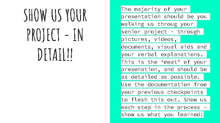 SHOW US YOUR PROJECT - IN DETAIL!! The majority of your presentation should be