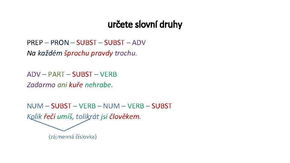 určete slovní druhy PREP – PRON – SUBST – ADV Na každém šprochu pravdy