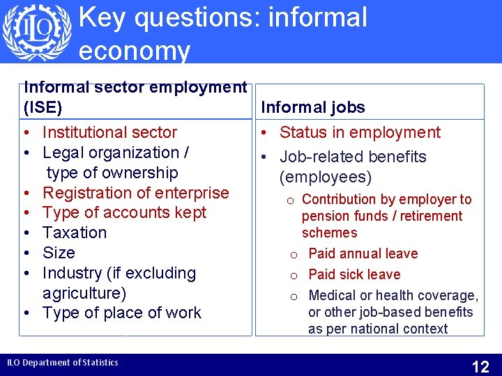 Key questions: informal economy Informal sector employment (ISE) Informal jobs • Institutional sector •