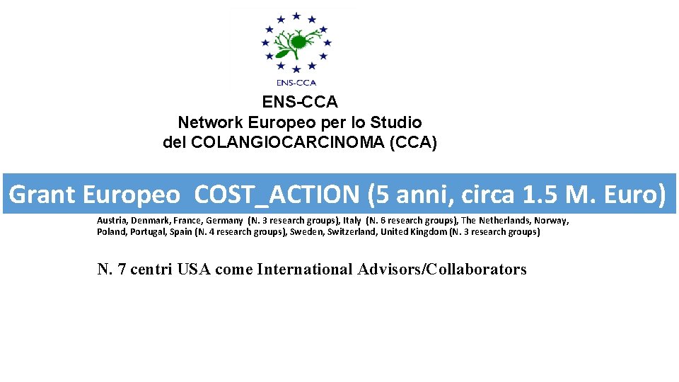 ENS-CCA Network Europeo per lo Studio del COLANGIOCARCINOMA (CCA) Grant Europeo (5 europei anni,