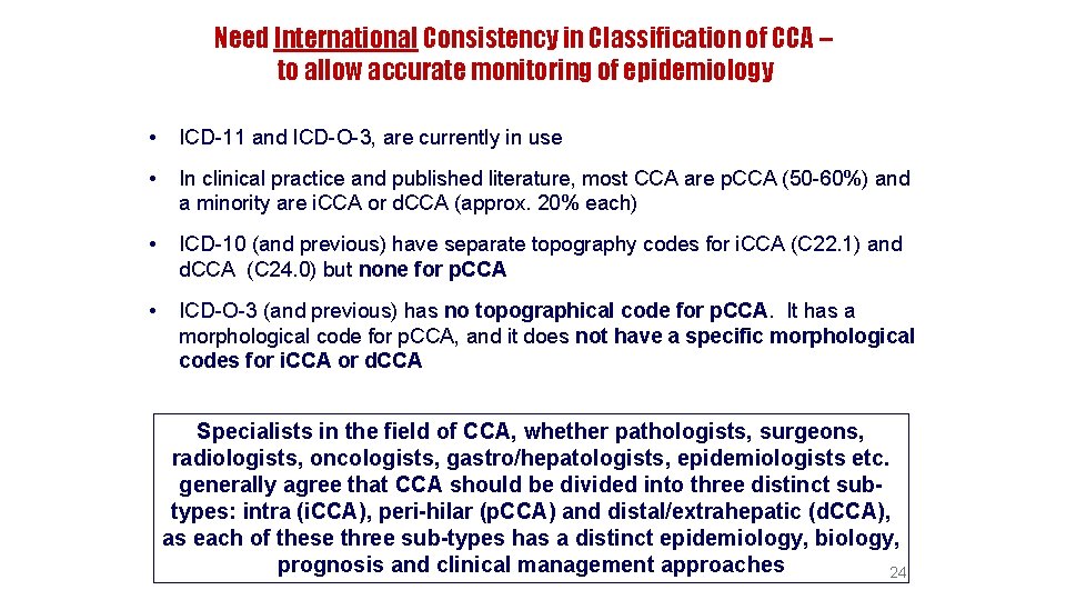 Need International Consistency in Classification of CCA – to allow accurate monitoring of epidemiology