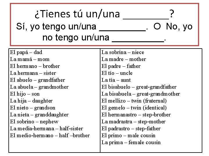 ¿Tienes tú un/una ____? Sí, yo tengo un/una _____. O No, yo no tengo