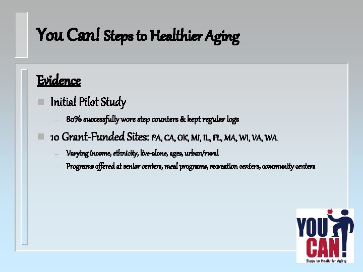 You Can! Steps to Healthier Aging Evidence n Initial Pilot Study – n 80%