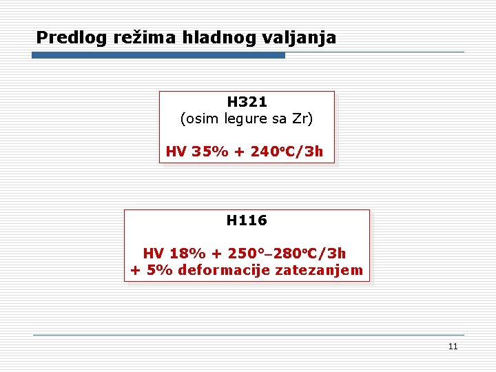 Predlog režima hladnog valjanja H 321 (osim legure sa Zr) HV 35% + 240