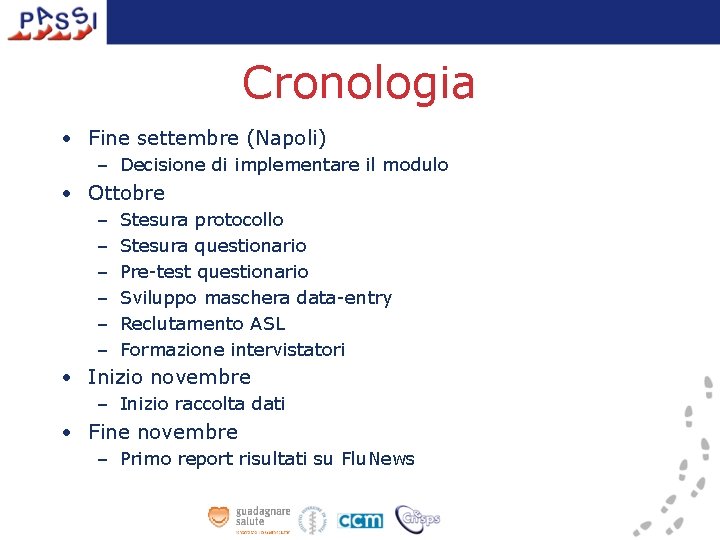 Cronologia • Fine settembre (Napoli) – Decisione di implementare il modulo • Ottobre –