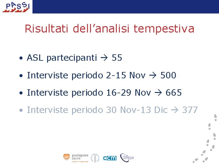 Risultati dell’analisi tempestiva • ASL partecipanti 55 • Interviste periodo 2 -15 Nov 500