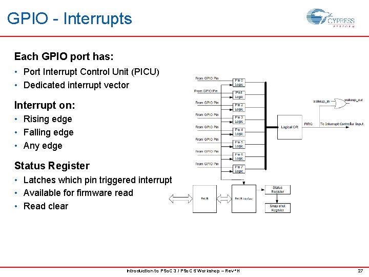 GPIO - Interrupts Each GPIO port has: • Port Interrupt Control Unit (PICU) •