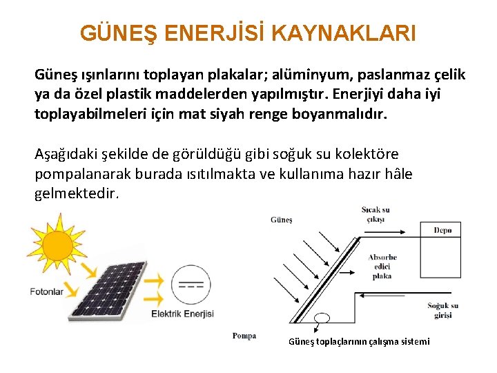 GÜNEŞ ENERJİSİ KAYNAKLARI Güneş ışınlarını toplayan plakalar; alüminyum, paslanmaz çelik ya da özel plastik