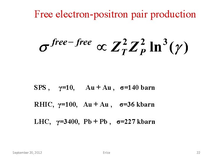 Free electron-positron pair production SPS , γ=10, Au + Au , σ=140 barn RHIC,