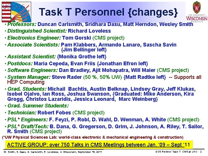 Task T Personnel {changes} • Professors: Duncan Carlsmith, Sridhara Dasu, Matt Herndon, Wesley Smith